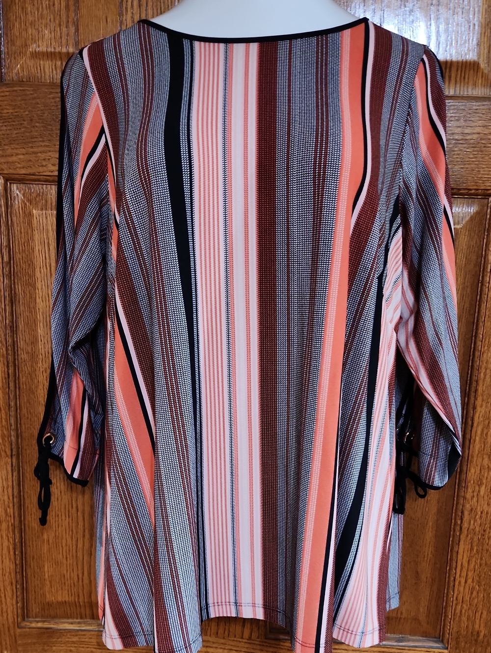 Roz & Ali Striped Long-Sleeve Tunic in Coral And Black 2x